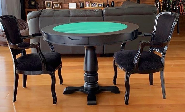 Mesa de Jogos Redonda para Carteado com 4 Gavetas e Porta-Copos — 4 Lugares com Tampo Reversível