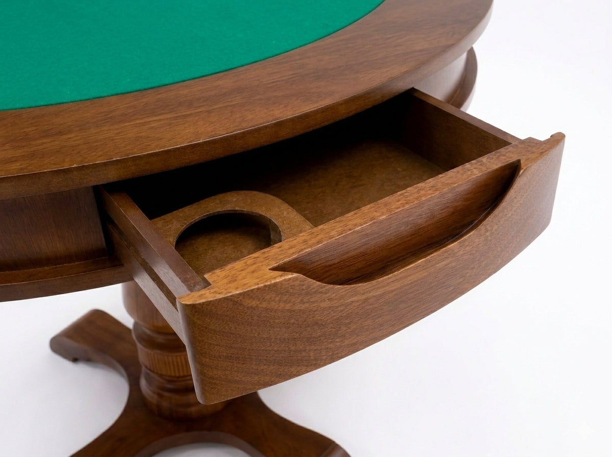 Mesa de Jogos Redonda para Carteado com 4 Gavetas e Porta-Copos — 4 Lugares com Tampo Reversível